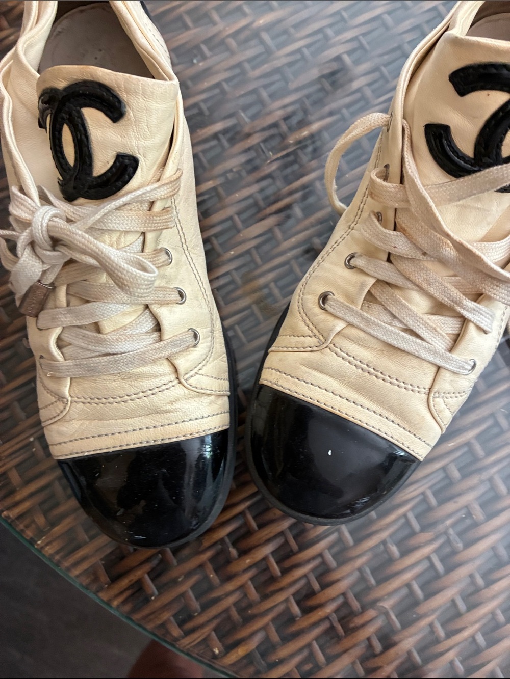 CHANEL Beige and Black Lace-Up Logo Sneakers - Picture 10 of 12
